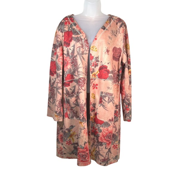 Anthropologie Solitaire Open Front Jacket XL Pink Red Floral Duster Long Sleeve - Picture 1 of 12